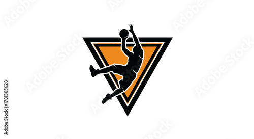 A graphic logo featuring a basketball player silhouette jumping to dunk against an orange triangle background.
