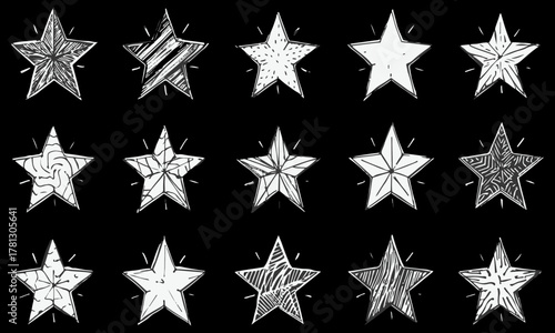 Hand-Drawn Stars with Unique Patterns on Black Background in Grid Layout