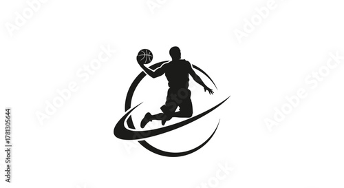 Silhouette of a basketball player dunking with a swoosh and circle.