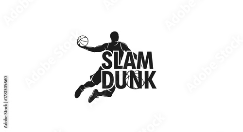Dynamic black silhouette of a basketball player jumping to perform a slam dunk, integrated with text.