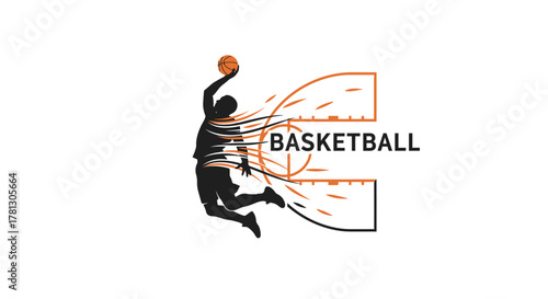 A dynamic graphic logo featuring a basketball player silhouette mid-dunk with streaking lines, next to a stylized hoop forming the letter E and the word "BASKETBALL".