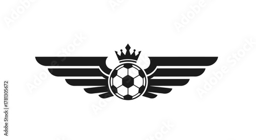 A black silhouette emblem of a soccer ball with a royal crown and majestic wings, isolated on a white background.