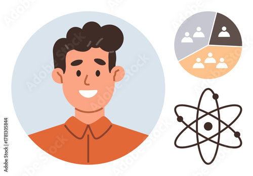 Smiling man in a circle frame alongside teamwork diagram and atomic structure, reflecting science, connection, and collaboration. Ideal for education, workplace, science, leadership, teamwork