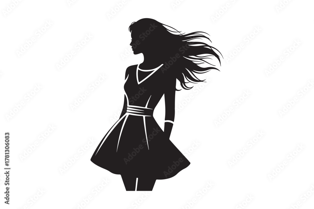 Fototapeta premium Silhouette of a woman in a flowing dress with windblown hair