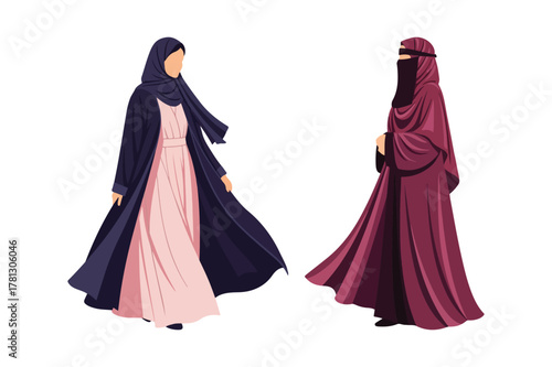 Two women in traditional islamic modest clothing standing side by side