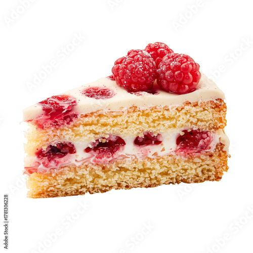 Slice of Cherry Cake With Cream and Fresh Cherries on Top in Bright Setting.