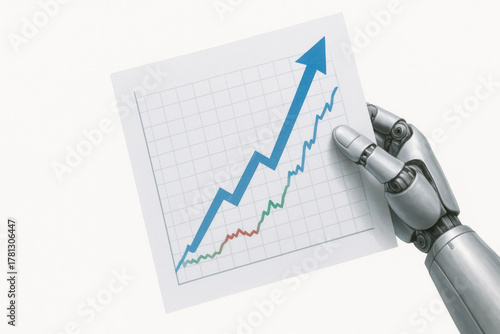 The robot holds a sheet with a growing graph of success. Space for text.
