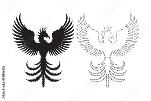 Black and white stylized phoenix bird designs
