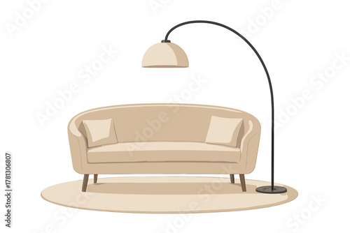 Modern beige sofa with decorative pillows and arched floor lamp on a round rug isolated on white