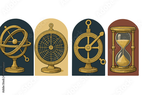 Vintage golden astronomical and navigational instruments set including armillary sphere, astrolabe, and hourglass