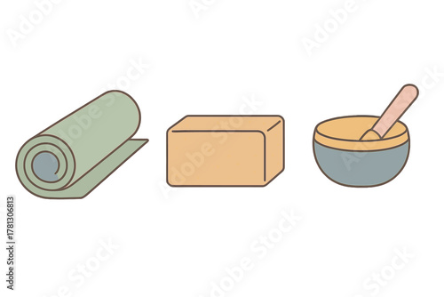 Essential items for yoga and meditation practice including a rolled mat, cork block, and singing bowl