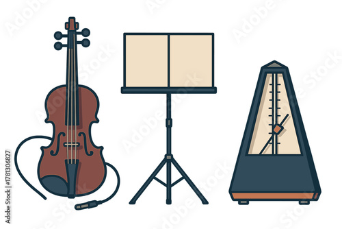 Classic musical instruments set featuring a violin, sheet music stand, and metronome