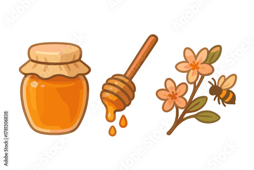 Natural honey set with glass jar, wooden dipper, blooming flower branch, and flying bee