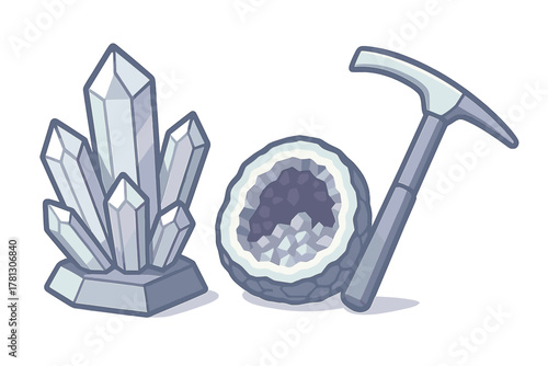 Geological exploration tools and natural minerals set including quartz crystals and geode