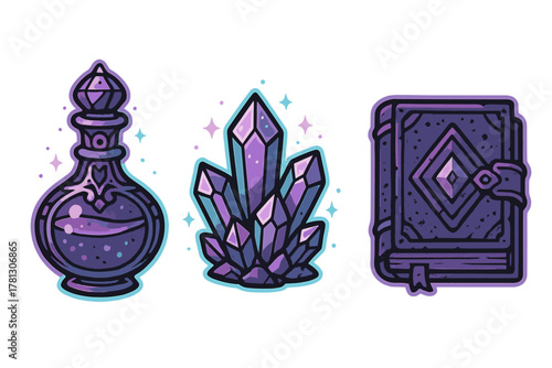 Mystical objects collection featuring a magic potion, glowing crystal, and ancient grimoire