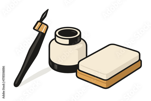 Traditional calligraphy writing tools set with dip pen, ink bottle, and eraser