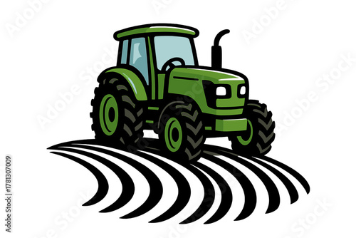 Green agricultural tractor plowing curved rows in a cultivated field isolated on white background