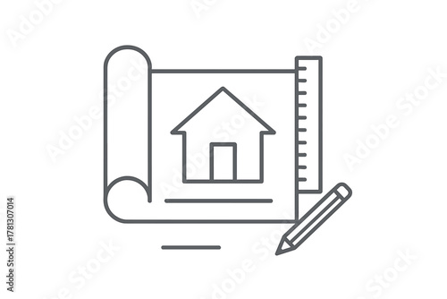 Architectural blueprint of a house plan on rolled paper with a ruler and pencil for construction planning