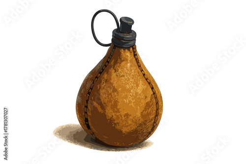 Traditional leather waterskin flask with dark cap and loop handle isolated on white background