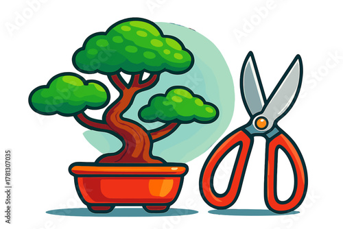 Miniature potted bonsai tree with green leaves and curved trunk next to gardening shears