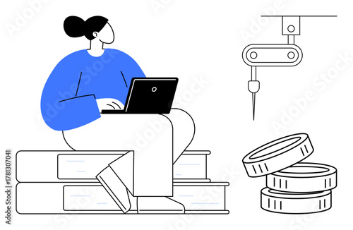 Woman using laptop seated on books, robotic arm operating, and stacked coins representing automation, technology, and education. Ideal for innovation, learning, fintech, productivity development