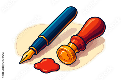 Classic fountain pen and traditional wax seal stamp with melted red sealing wax