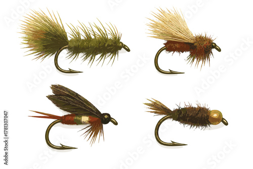Collection of four realistic artificial fishing flies for trout and salmon angling