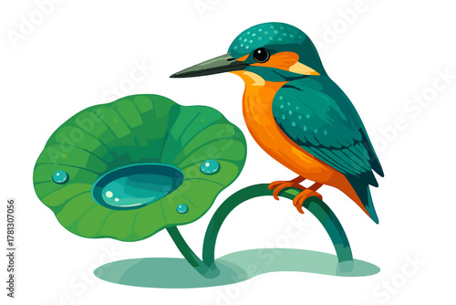 Colorful kingfisher bird perched on a stem next to a green lotus leaf with water droplets
