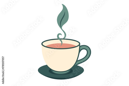Steaming cup of hot herbal tea on a saucer with rising steam shaped like a decorative leaf