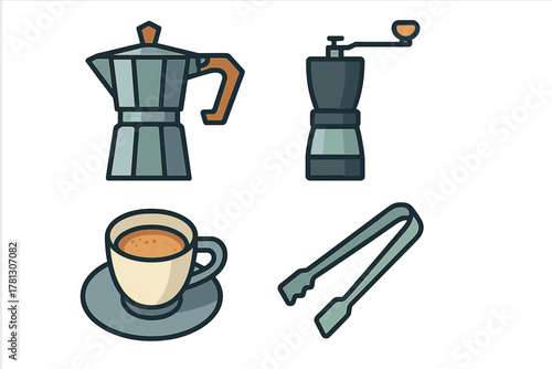 Essential coffee preparation tools set featuring moka pot, manual grinder, and espresso cup