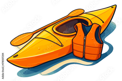 Yellow kayak with paddle and orange life jacket ready for summer water sports and outdoor adventure
