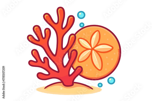 Branching red coral and orange sand dollar resting on the sandy ocean floor