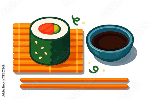 Maki sushi roll served with soy sauce in a bowl and chopsticks on a traditional bamboo mat