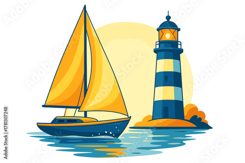 Sailboat with bright yellow sails cruising past a striped blue lighthouse at sea