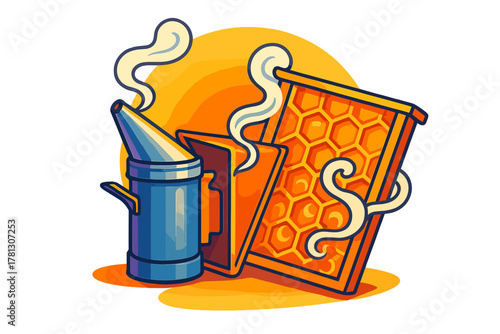 Beekeeping equipment featuring a metal smoker generating smoke next to a wooden frame full of golden honeycomb