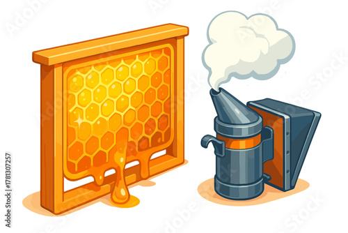 Golden honeycomb frame dripping sweet honey next to a smoking beekeeping smoker tool
