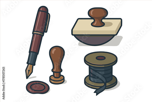 Vintage writing tools set including fountain pen, ink blotter, wax seal stamp, and ribbon spool