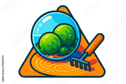 Miniature Zen garden terrarium with rake and green moss balls on a raked sand background