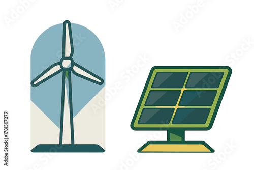 Wind power generator and photovoltaic solar panel representing sustainable energy