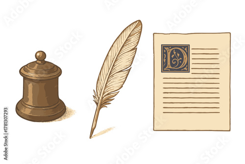 Vintage writing set with feather quill, wooden inkwell, and aged parchment document