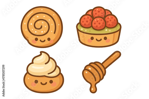 Kawaii style sweet treats collection featuring pastry bun tart and dripping honey dipper