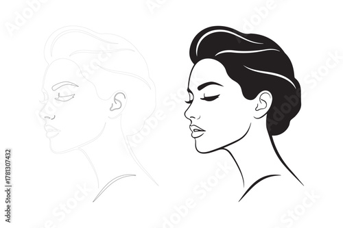 Stylized sketch of a woman s profile emerging from a faint outline