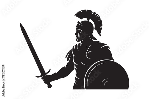 Silhouette of a roman soldier holding a sword and shield