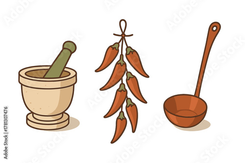 Stone mortar and wooden pestle with dried red chili peppers and a serving ladle