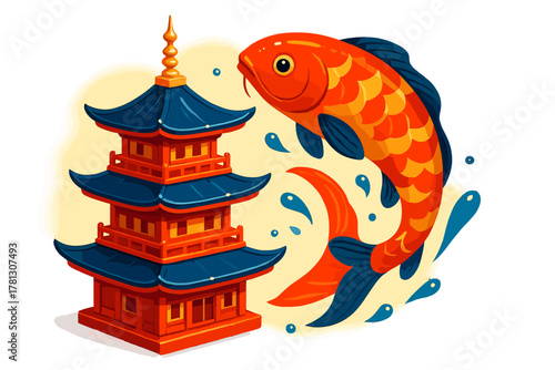Traditional Japanese pagoda and vibrant orange koi fish leaping from the water