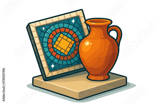 Ancient terracotta jar and colorful geometric mosaic tile on a museum pedestal