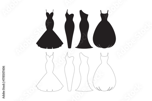 Silhouettes of four elegant formal dresses in black and white