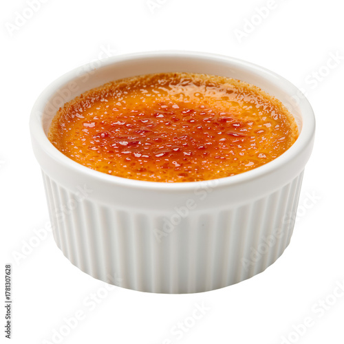 Creamy Custard Dessert Served in a White Ramekin With a Caramelized Sugar Top.