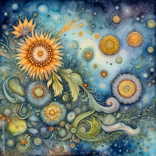 A decorative fantasy world of pollen, diatoms, and algae forming floral constellations — a microscopic garden floating in abstract space.
