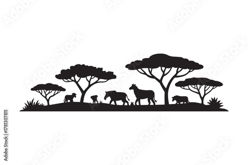 African savannah silhouette with wildlife and acacia trees